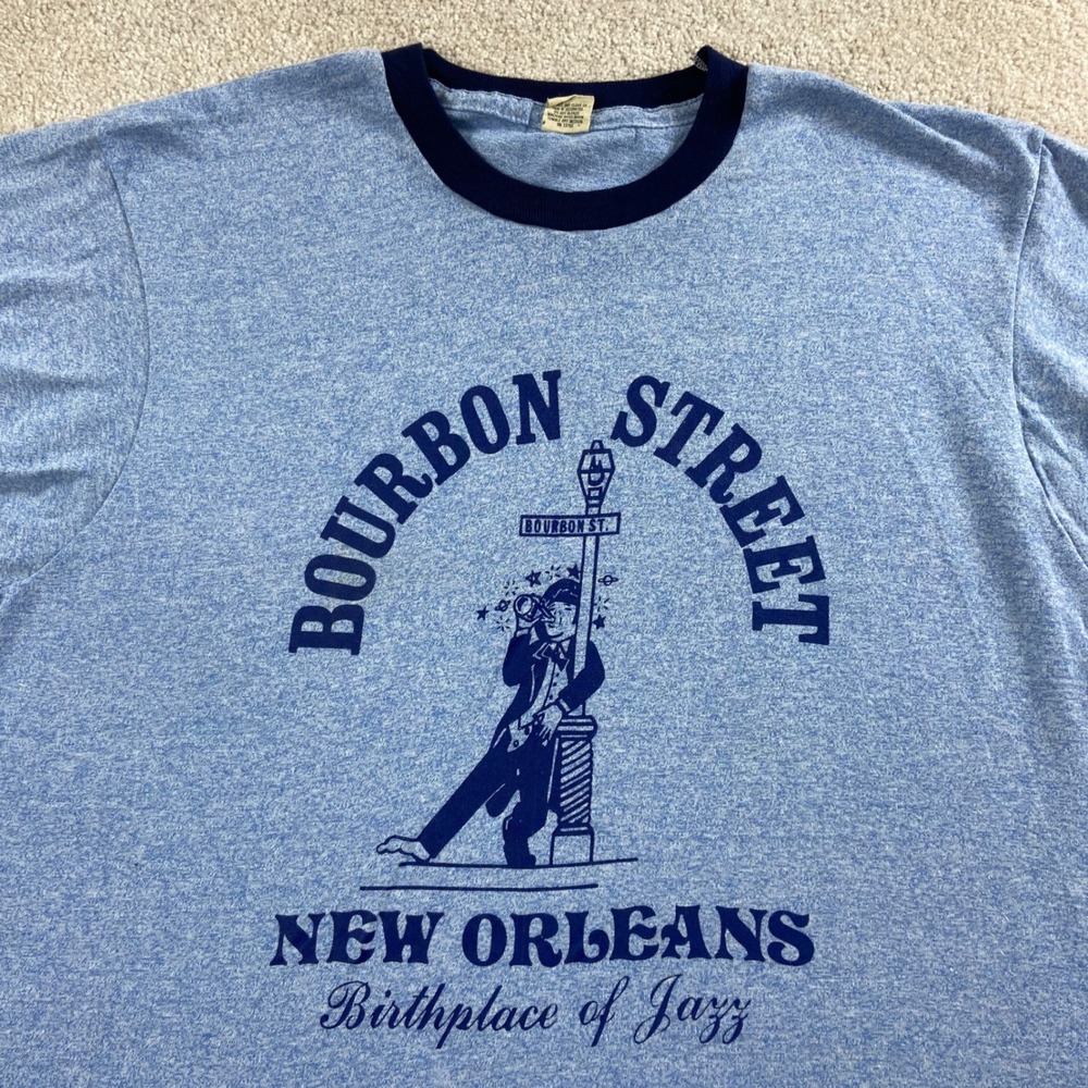 Vintage Screen Stars Ringer Tee Men XL Blue Bourbon Street New Orleans Jazz